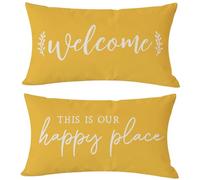PANDICORN Farmhouse Lumbar Decorative Throw Pillow Covers 12x20 Set of 2 Welcome This is Our Happy Place Yellow Outdoor Spring Summer Front Porch Patio Decorations Cushion Cases for Home Couch Decor
