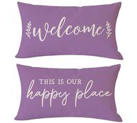 PANDICORN Farmhouse Lumbar Decorative Throw Pillow Covers 12x20 Set of 2 Welcome This is Our Happy Place Purple Outdoor Spring Summer Front Porch Patio Decorations Cushion Cases for Home Couch Decor