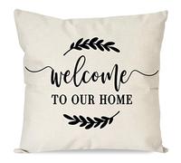 PANDICORN Farmhouse Pillow Covers 18x18 with Words Welcome to Our Home for Farmhouse Décor, Rustic Black and Cream Throw Pillow Cases for Outdoor Porch Front Door