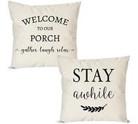 PANDICORN Set of 2 Farmhouse Pillow Covers 18x18 with Words Welcome to Our Porch Stay Awhile for Home Décor, Rustic Black and Cream Throw Pillow Cases for Porch Guest Room