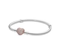 PANDORA Moments Women's 14k Rose Gold-Plated and Sterling Silver Pavé Heart Clasp Cubic Zirconia Snake Chain Bracelet for Charms, Size 17, No Box