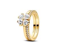 PANDORA 164507C01-56 Lucky Clover Ring for Sharing in 14 Carat Gold-Plated with Cubic Zirconia Set of 2 Women's Rings with Heart-Shaped Stones and Pave Ring Band Stackable Size: 56