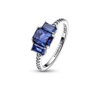 Pandora Timeless Blue Rectangular Three Stone Sparkling ring with princess blue crystal and clear cubic zirconia, 54