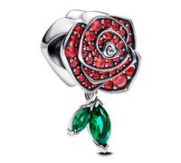 PANDORA Moments Sparkling Blooming Rose Charm Made of Sterling Silver with Artificial Crystal, Compatible Moments Bracelets, 793201C02, Rot, Sterling Silver, Crystal