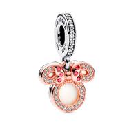 Pandora Disney Minnie sterling silver and 14k rose gold-plated double dangle with red, clear cubic zirconia and shimmering white enamel