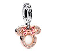 Pandora Disney Minnie sterling silver and 14k rose gold-plated double dangle with red, clear cubic zirconia and shimmering white enamel