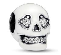 Pandora Moments Skull sterling silver charm with clear cubic zirconia and white glow in the dark enamel