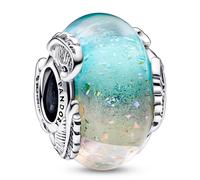 Pandora Moments Feather sterling silver charm with pink dichroic multicolor rainbow Murano glass