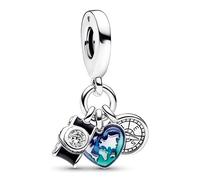 Pandora Moments Camera, heart and compass sterling silver triple dangle with clear cubic zirconia, black, transparent blue and green enamel