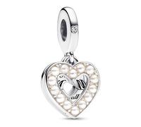 Pandora Moments Mum heart sterling silver double dangle with bioresin man-made mother of pearl and clear cubic zirconia