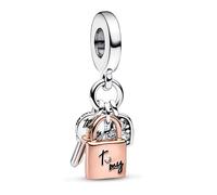 Pandora Moments Padlock, key and heart sterling silver and 14k rose gold-plated dangle with clear cubic zirconia and black enamel