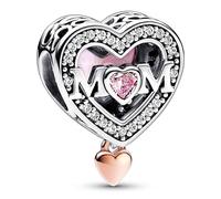 Pandora Moments Mum heart sterling silver and 14k rose gold-plated charm with clear, fancy fairy tale pink and pink cubic zirconia
