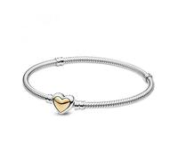 PANDORA, Curved Gold Heart Clasp Snake Link Bracelet Sterling Silver and 14k Gold 16cm 599380C00-16