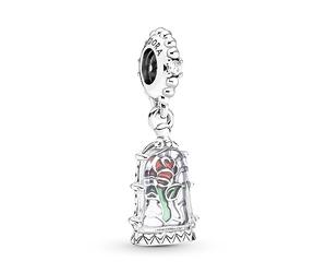 Pandora Disney Beauty and The Beast rose sterling silver dangle with clear cubic zirconia, transparent light blue Murano glass, red and green enamel
