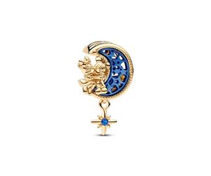 Pandora Disney Mickey and Minnie on the moon 14k gold-plated charm with true blue crystal and blue bioresin man-made mother of pearl