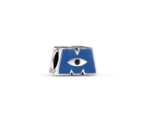 Pandora Disney Pixar Monsters Inc logo sterling silver charm with blue enamel and black crystal