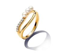 Pandora Essence 14k Gold-plated ring with white treated freshwater cultured pearl and clear cubic zirconia, 54