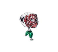 PANDORA Moments Sparkling Blooming Rose Charm Made of Sterling Silver with Artificial Crystal, Compatible Moments Bracelets, 793201C02, Rot, Sterling Silver, Crystal