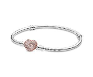 Pandora Icons Snake chain silver bracelet with 14k rose gold-plated heart clasp and clear cubic zirconia, 21