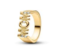 PANDORA Mama 164460C01-58 Signet Ring in 14 Carat Gold Plated with Cubic Zirconia Women's Ring with Letter MOM and Baguette Stones Statement Ring Size: 58