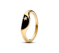 Pandora ME Halved signet 14k gold-plated ring with clear cubic zirconia and glittery black enamel, 56