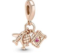 Pandora Moments Airplane, globe and suitcase 14k rose gold-plated dangle with pink enamel