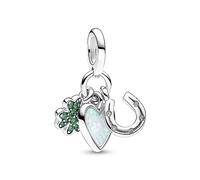 Pandora Moments Clover, heart and horseshoe sterling silver dangle with clear cubic zirconia, royal green crystal and white lab-created opal
