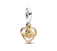 Pandora Moments Engravable heart sterling silver and 14k gold-plated double dangle with 0.009 ct TW GHI VS2+round brilliant-cut lab-grown diamond