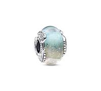 Pandora Moments Feather sterling silver charm with pink dichroic multicolor rainbow Murano glass