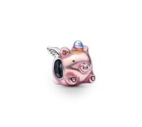 Pandora Moments Flying pig sterling silver charm with transparent light pink, blue, violet and yellow enamel