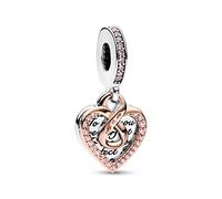 Pandora Moments Heart sterling silver and 14k rose gold-plated double dangle with fancy fairy tale pink cubic zirconia