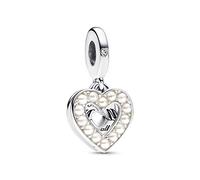 Pandora Moments Mum heart sterling silver double dangle with bioresin man-made mother of pearl and clear cubic zirconia
