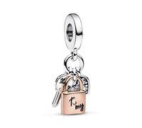 Pandora Moments Padlock, key and heart sterling silver and 14k rose gold-plated dangle with clear cubic zirconia and black enamel
