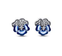 Pandora Moments Pansy sterling silver stud earrings with clear cubic zirconia and shaded blue and white enamel