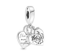 PANDORA Rose Heart Double Dangle Charm - Sterling Silver Bracelet Charm Compatible Moments - Gift for Her - No Box