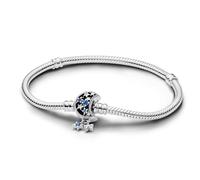 Pandora Moments Snake chain sterling silver bracelet with moon clasp with stellar blue crystal and clear cubic zirconia, 21