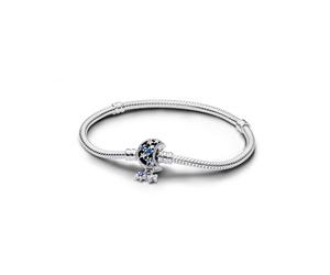 Pandora Moments Snake chain sterling silver bracelet with moon clasp with stellar blue crystal and clear cubic zirconia
