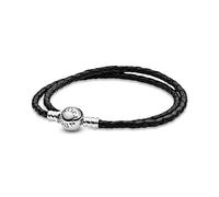 PANDORA Moments Women's Sterling Silver and Leather Black Leather Bracelet for Charms, Size 35