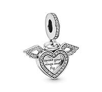 Pandora Moments Women's Sterling Silver Heart and Angel Wings Cubic Zirconia Dangle Charm for Bracelet, No Box