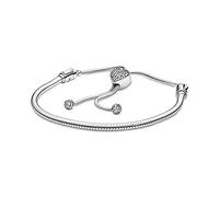 PANDORA Moments Women's Sterling Silver Pavé Heart Clasp Snake Chain Slider Bracelet for Charms, Size 19, With Gift Box
