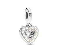 Pandora Moments Mum heart sterling silver double dangle with bioresin man-made mother of pearl and clear cubic zirconia