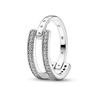 Pandora Signature Logo & Pavé Double Band sterling silver ring with clear cubic zirconia, 50