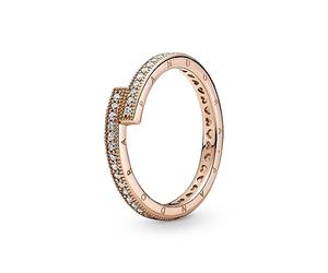 Pandora Signature Sparkling Overlapping 14k rose gold-plated ring with clear cubic zirconia, 50