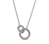 Pandora Signature Two-tone Intertwined Circles sterling silver and 14k rose gold-plated necklace with clear cubic zirconia