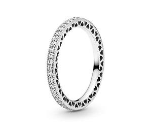 PANDORA Signature Women's Sterling Silver Sparkle and Hearts Cubic Zirconia Ring, Size 50, No Box