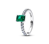 Pandora Silver Rectangular Sparkling Green Halo Ring - 52