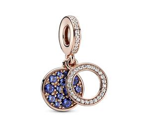 PANDORA Sparkling Blue Disc Double Charm Pendant with Cubic Zirconia in 14K Rose Gold Plated Alloy Moments Collection, 11mm, Rose Gold, Cubic Zirconia
