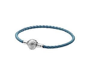 Pandora Sterling silver turquoise braided leather bracelet and shell clasp, 20.50cm