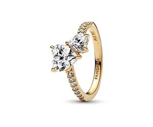 Pandora Timeless 14k Gold-plated Double Heart Sparkling ring with clear cubic zirconia, 56