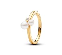 Pandora Timeless 14k Gold-plated ring with white treated freshwater cultured pearl and clear cubic zirconia, 60